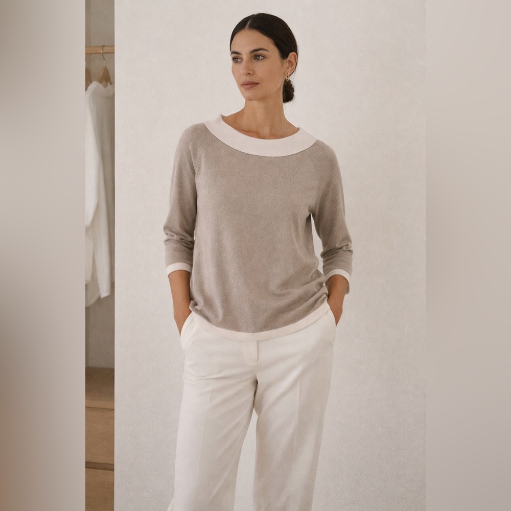MaxMara Silk Cashmere Boat Neck 3/4 Sleeve Top Tan White Sz Large Closet Staple